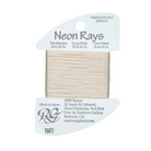 A spool of Needlepoint Ribbon in the 'Neon Rays' colorway by Rainbow Gallery, featuring a light beige thread wound around a clear spool with white paper hangers on a white background.