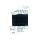 A single spool of Neon Rays+ Sparkling Needlepoint Ribbon in a dark navy blue color, mounted on its original white paper hanger card with product specifications and branding.