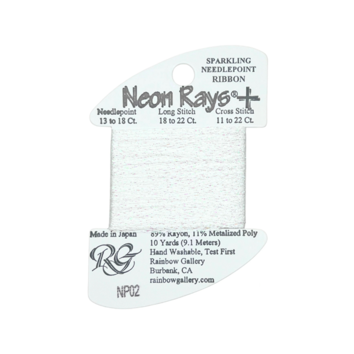 A spool of Neon Rays+ Sparkling Needlepoint Ribbon in white, shown on its original retail card packaging against a plain white background.