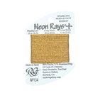 A spool of RC Fabrics Neon Rays+ Sparkling Needlepoint Ribbon in a metallic gold color, mounted on a white cardboard backing with product details printed on it.
