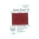 A package of Rainbow Gallery Neon Rays+ Needlepoint Ribbon in a metallic burgundy red color, shown on its white cardboard backing card.