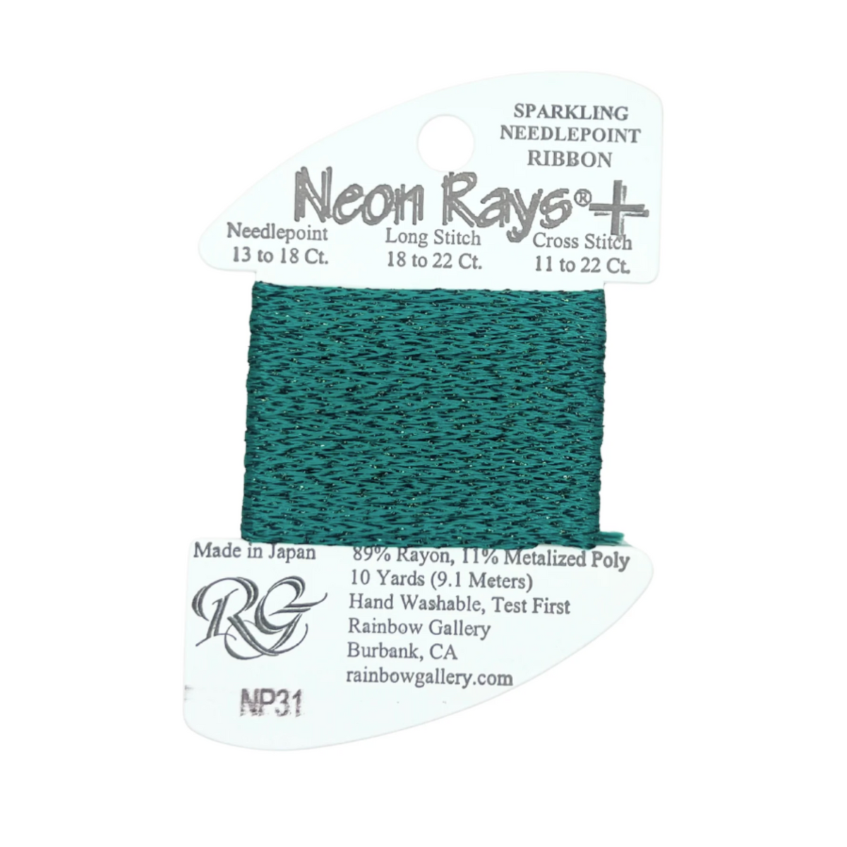 A 10-yard spool of Neon Rays+ Sparkling Needlepoint Ribbon in a deep teal green color, mounted on its original white cardboard hanger with product details printed on it.