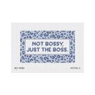 A rectangular canvas print featuring a blue and purple leopard print border with a white center panel that reads 'NOT BOSSY, JUST THE BOSS.' in blue lettering.