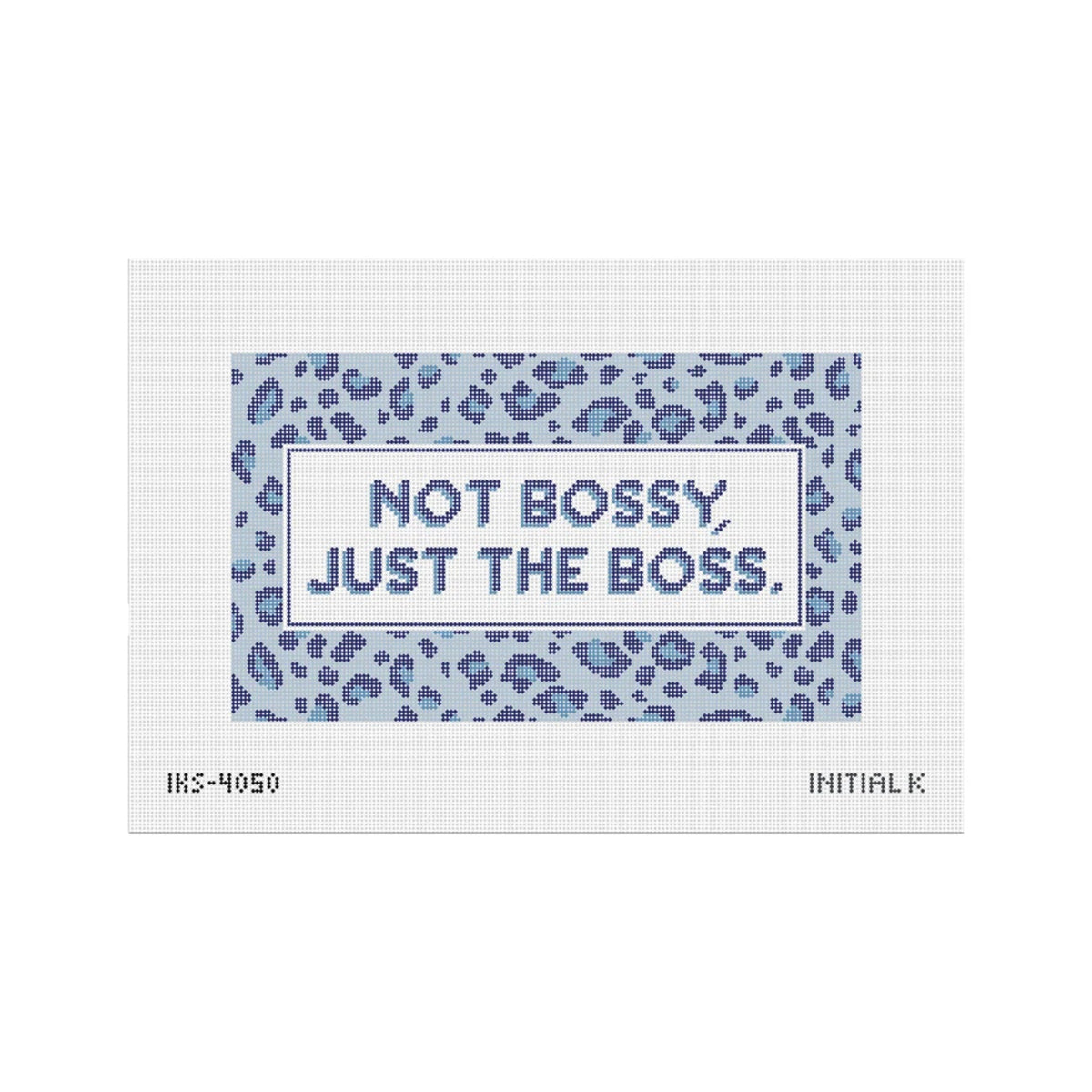 A rectangular canvas print featuring a blue and purple leopard print border with a white center panel that reads 'NOT BOSSY, JUST THE BOSS.' in blue lettering.