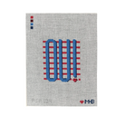 A needlepoint canvas featuring the word 'OUT' in blue with red horizontal stripes behind it, on a white mesh grid background with a small red, black, and blue color key and the brand name 'PHE' in the bottom right corner.