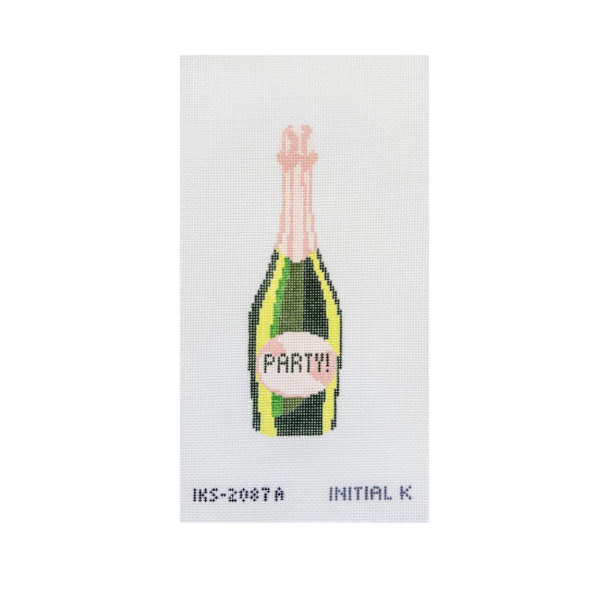 A needlepoint canvas featuring a stitched design of a champagne bottle with 'PARTY!' written on the label, on a white grid background with the text 'INS-2087A INITIAL K' at the bottom.