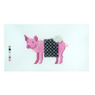 A cross-stitch style illustration of a pink pig wearing a black-and-white patterned saddlebag and a pearl necklace, centered on a white canvas with a small vertical color swatch strip on the left.