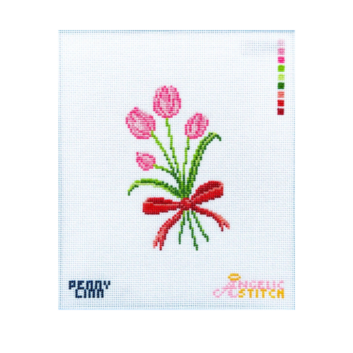 A cross-stitch pattern design on a white grid canvas, featuring pink tulips with green stems and a red bow, with the text 'PEONY CHIA' and 'Penny Stitch' branding.