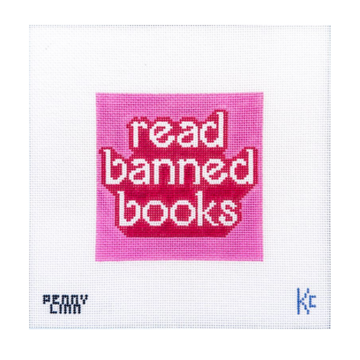 A square needlepoint canvas featuring a pink square with the words 'read banned books' in white pixelated lettering. The canvas has a white grid background with blue initials 'EMM' on the bottom left and 'KC' on the bottom right.