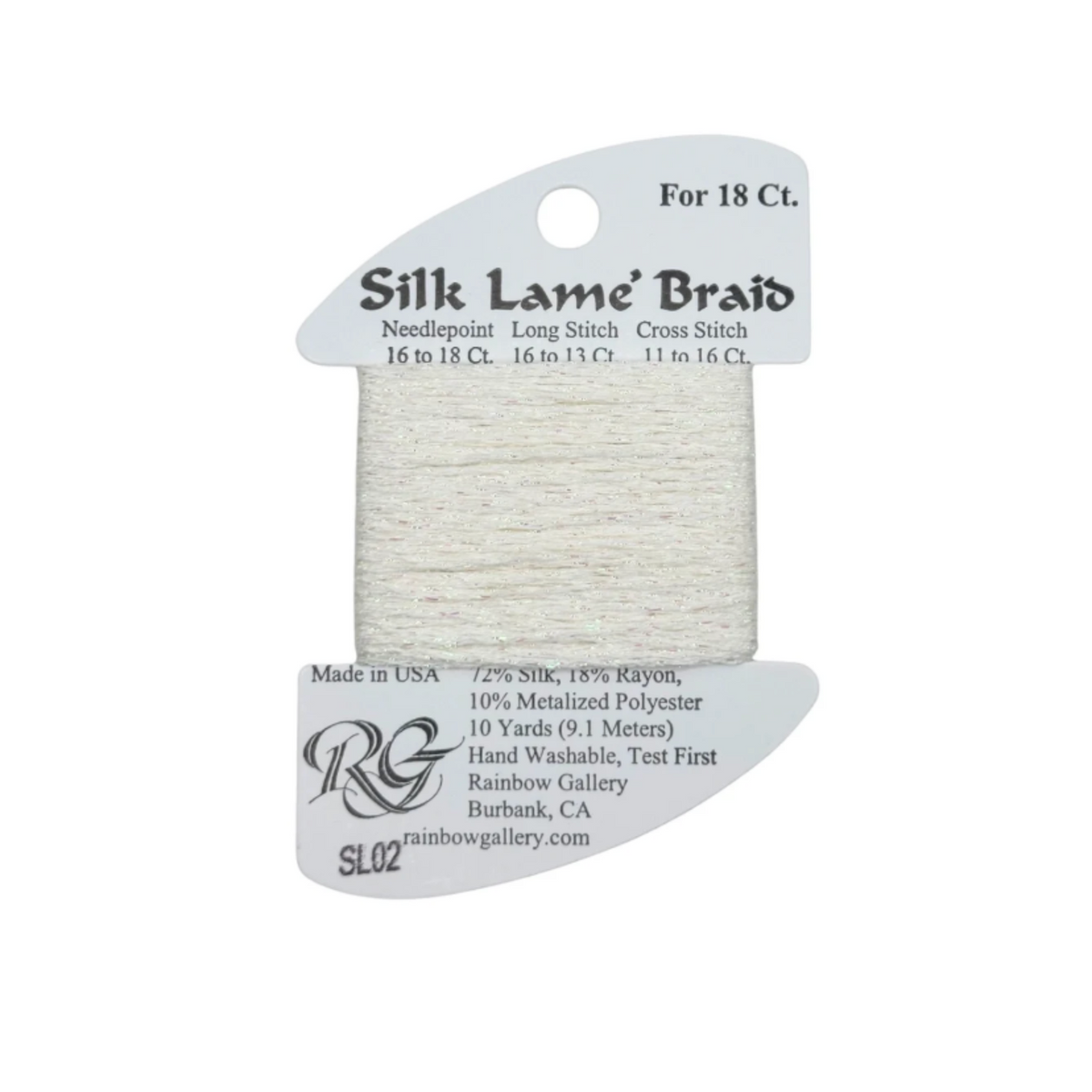 A spool of Rainbow Gallery Silk Lame' Braid needlepoint thread in a light cream/off-white color, packaged on a white cardboard hanger with product details printed on it.