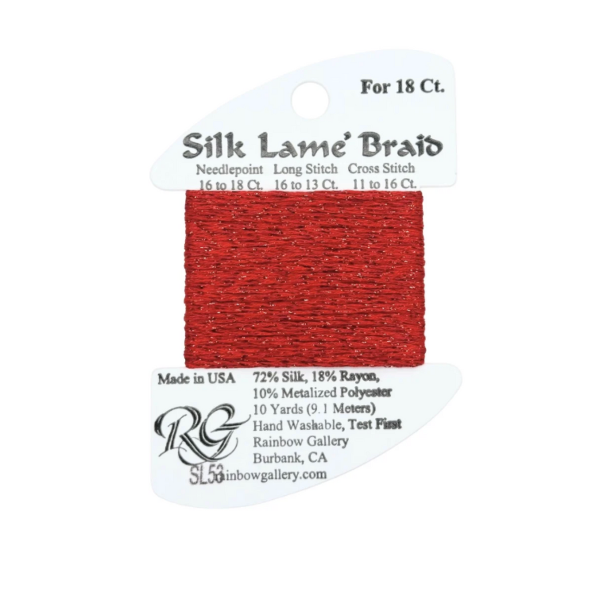 A spool of red Silk Lame' Braid needlepoint thread on a white retail card, with text showing thread counts and Rainbow Gallery branding.