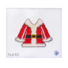 A needlepoint canvas featuring a stylized Santa Claus coat design in red, white, black, and gold, with the code 'PLD-33' in the bottom left and a blue logo in the bottom right on a white grid background.