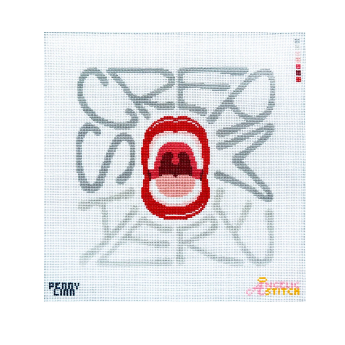 A square needlepoint canvas featuring a pixelated red screaming mouth graphic in the center, surrounded by gray pixelated letters spelling 'SCREAM' and 'TERROR'. The canvas has 'PENNY CANN' printed in black in the bottom-left corner and a 'Creative Stitch' logo in the bottom-right corner.