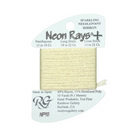 A package of Rainbow Gallery Neon Rays+ needlepoint ribbon in a pale yellow color, shown on a white background with product details printed on the card.