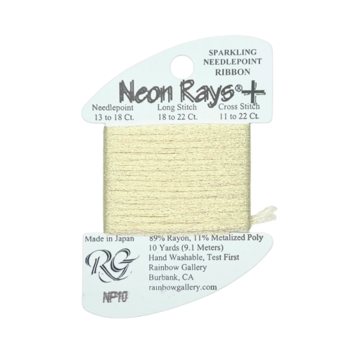 A package of Rainbow Gallery Neon Rays+ needlepoint ribbon in a pale yellow color, shown on a white background with product details printed on the card.