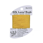 A spool of Rainbow Gallery Silk Lame' Braid embroidery thread in metallic gold, shown on its original white cardboard hanger against a white background.