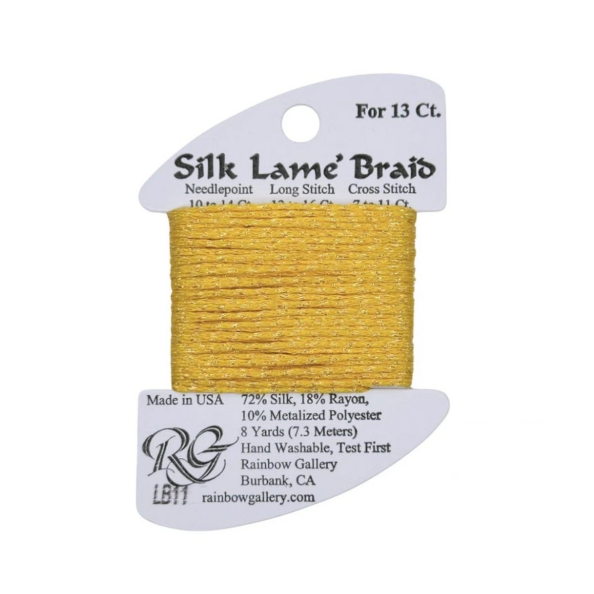 A spool of Rainbow Gallery Silk Lame' Braid embroidery thread in metallic gold, shown on its original white cardboard hanger against a white background.