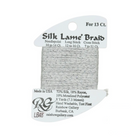 A spool of Rainbow Gallery LB48 Silk Lame Braid needlepoint thread in a light gray/silver color, on a white background with product details printed on the card.