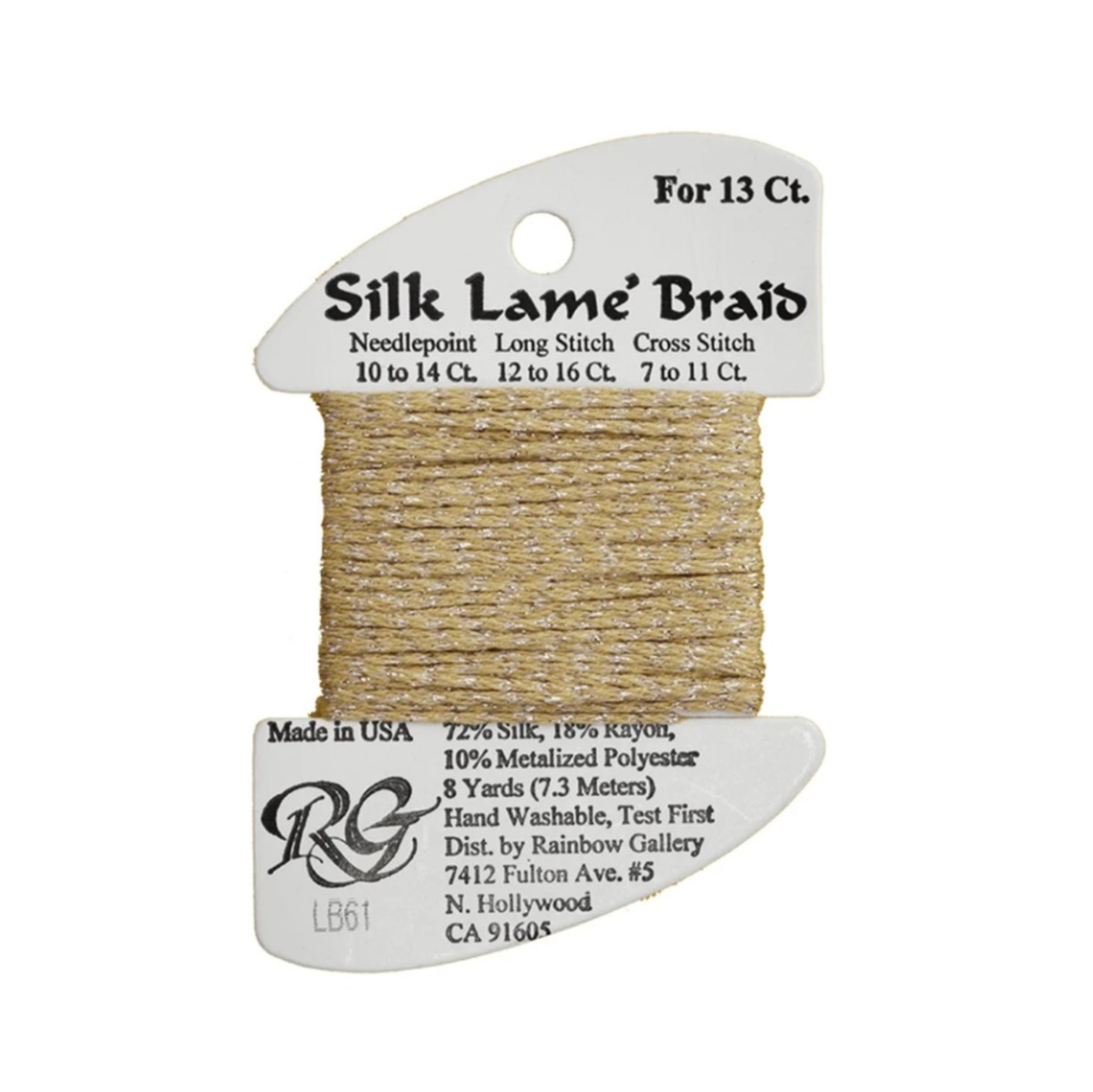 A spool of Silk Lame' Braid embroidery thread in a metallic gold color, mounted on a white paper header card with product specifications and the Rainbow Gallery logo.