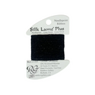 A spool of Rainbow Gallery Silk Lame Plus Needlepoint Ribbon in black, shown on its original white cardboard hanger against a plain white background.