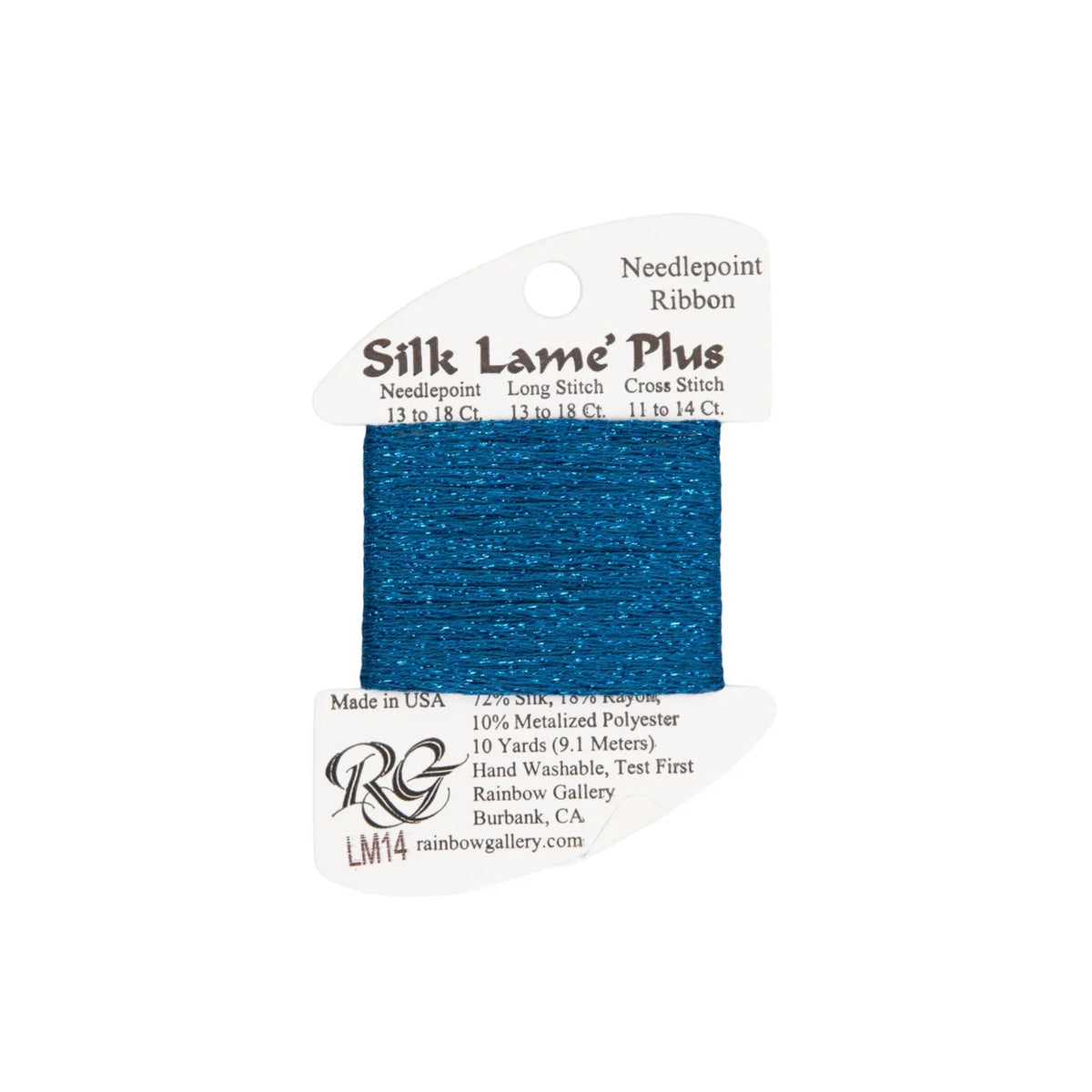 A spool of Rainbow Gallery Silk Lame' Plus needlepoint ribbon in a metallic blue color, mounted on a white cardboard hanger with product details printed on it.