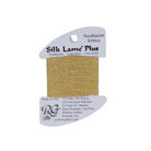 A spool of Rainbow Gallery Silk Lame Plus needlepoint ribbon in a metallic gold color, mounted on a white plastic hanger with product details printed on the card.