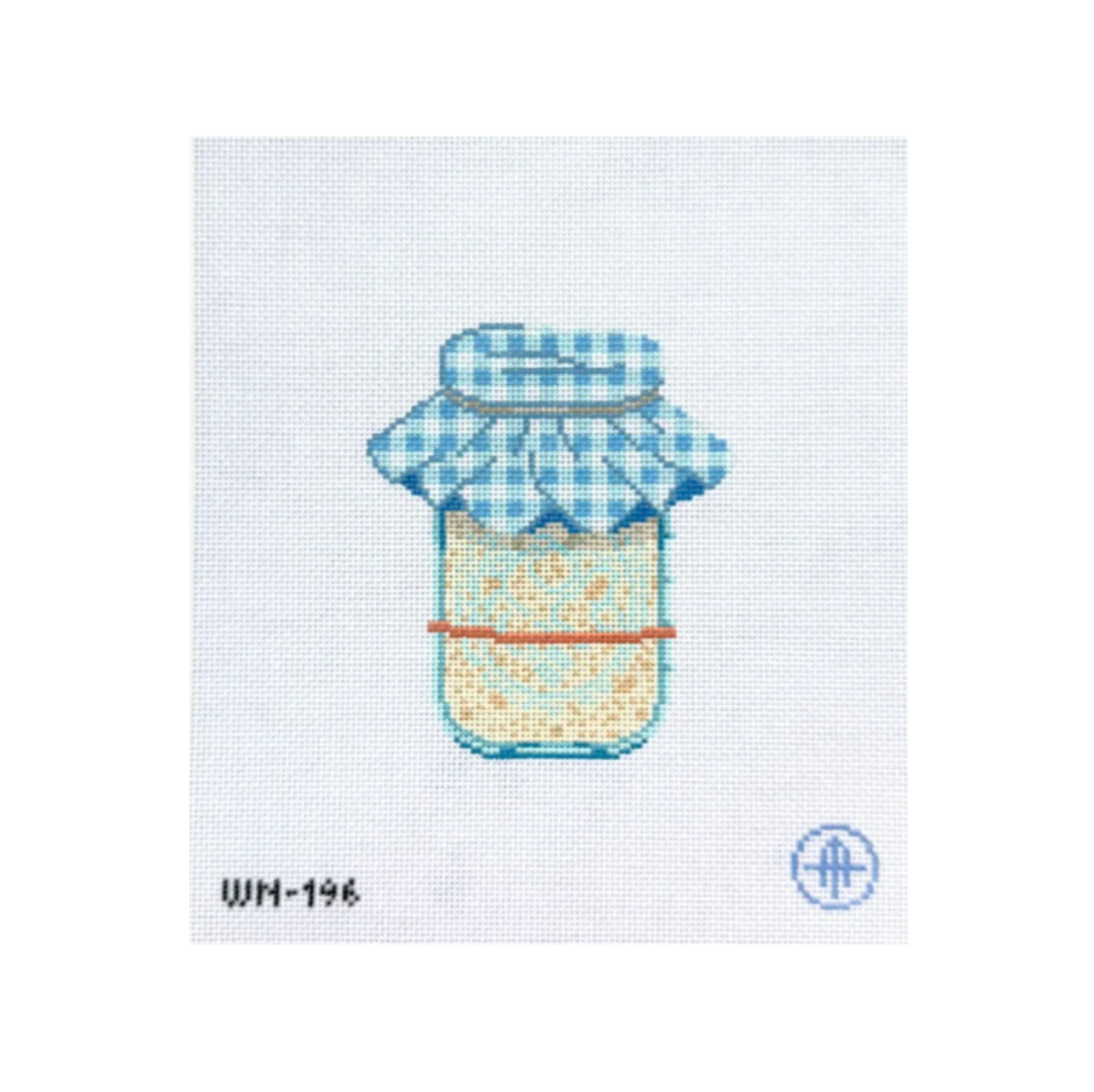 A needlepoint canvas featuring a cross-stitch style illustration of a glass jar filled with yellow-orange jam, topped with a blue and white gingham cloth lid, on a white canvas background with the code WM-196 in the lower left.