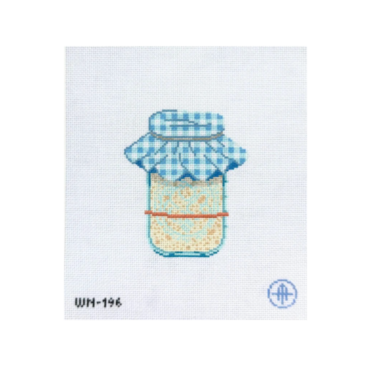 A needlepoint canvas featuring a cross-stitch style illustration of a glass jar filled with yellow-orange jam, topped with a blue and white gingham cloth lid, on a white canvas background with the code WM-196 in the lower left.