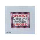 A square needlepoint canvas featuring the text 'SPOOKY is my 2nd favorite S-WORD' in red and black lettering, framed by a red, black, and white gingham border. The canvas is displayed on a light blue grid background with the product code 'ZS-222' printed in black at the bottom left.