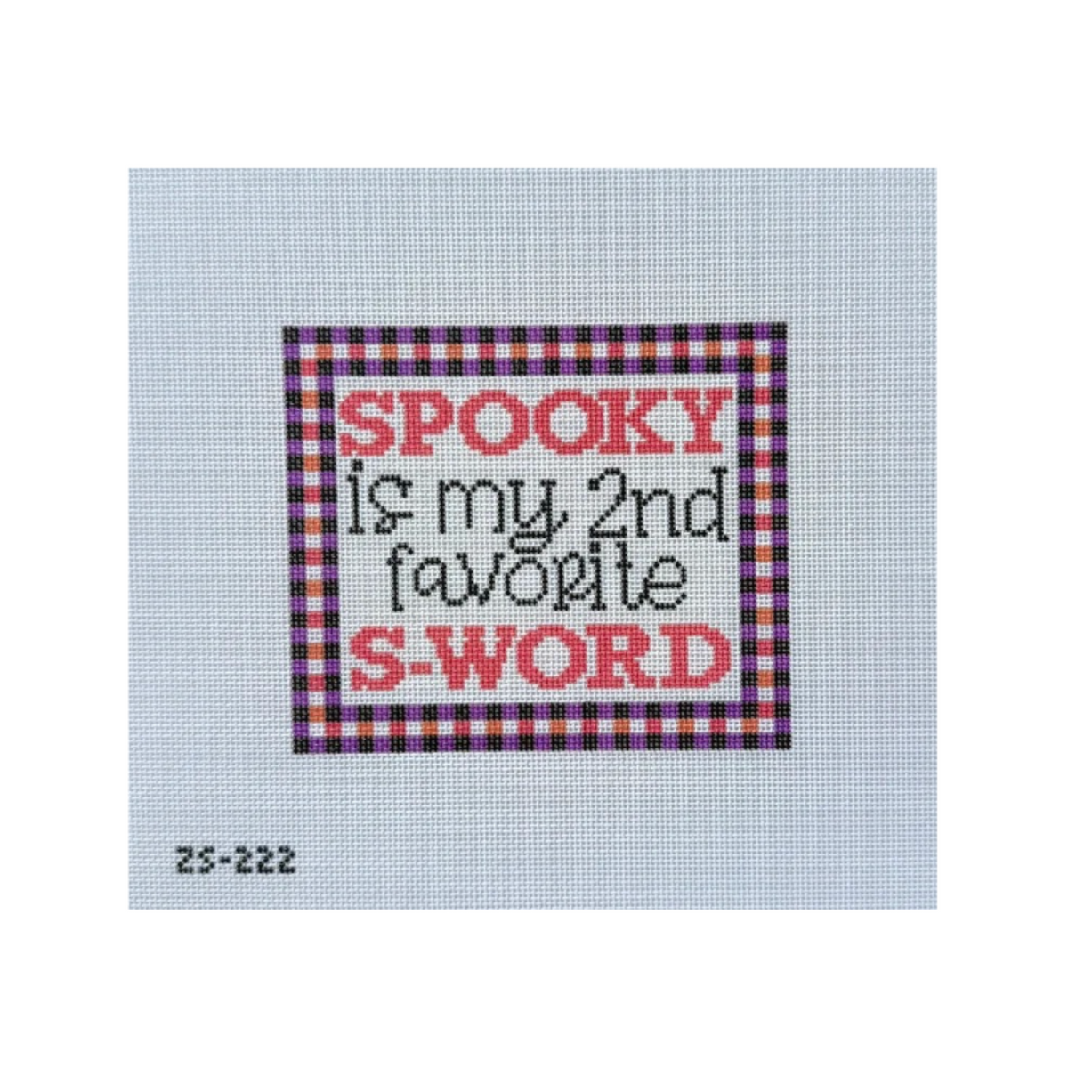 A square needlepoint canvas featuring the text 'SPOOKY is my 2nd favorite S-WORD' in red and black lettering, framed by a red, black, and white gingham border. The canvas is displayed on a light blue grid background with the product code 'ZS-222' printed in black at the bottom left.