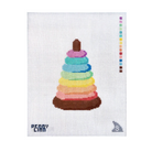 A needlepoint canvas featuring a pixelated, stacked rainbow pyramid design on a white grid background, with the brand name 'PEONY CANN' in the bottom left corner.