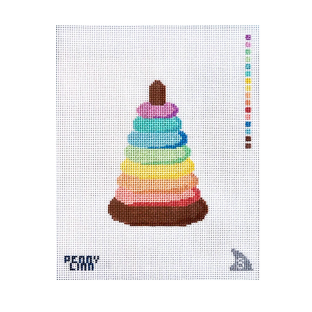 A needlepoint canvas featuring a pixelated, stacked rainbow pyramid design on a white grid background, with the brand name 'PEONY CANN' in the bottom left corner.