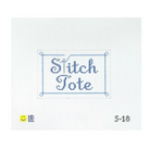 A needlepoint canvas design featuring the words 'Stitch Tote' in blue script inside a blue rectangular border, shown on a white grid background with small code markings at the bottom.