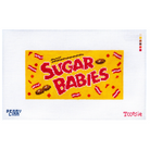 A Penny Clink needlepoint canvas featuring a retro 'Sugar Babies' candy package design. The design has a bright yellow background with bold red text, red and brown candy illustrations, and a white canvas border with the brand logo 'Penny Clink' in blue on the bottom left and 'Dootsie' in red on the bottom right.