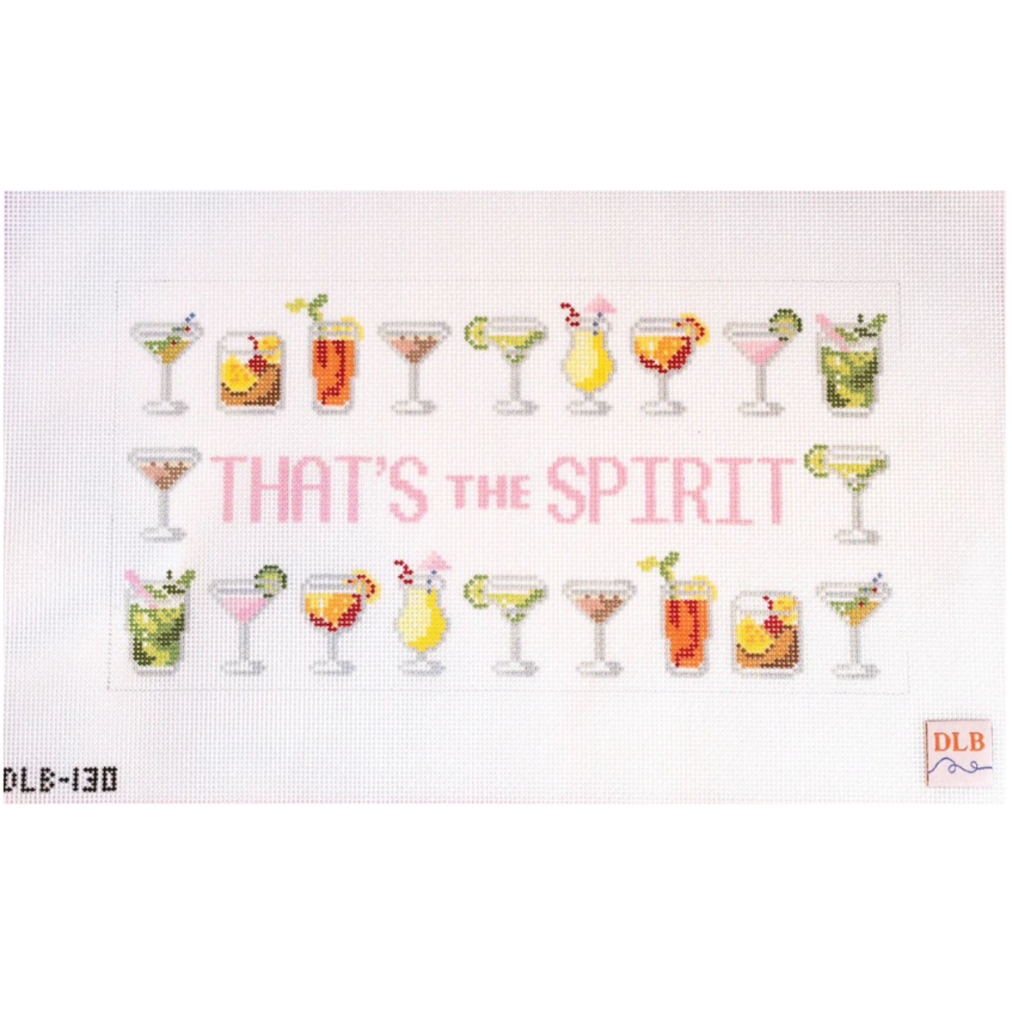 A rectangular printed card or small sign with a white background featuring illustrated cocktail glasses and the phrase “THAT’S THE SPIRIT” in pink. The product appears centered on a light gray background, with small text “DLB-130” at lower left and a small DLB logo at lower right.
