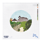 A square needlepoint canvas featuring a circular stitched illustration of a chateau surrounded by green hills, a pale blue sky, and a path. The canvas has the text 'PEONY CMM' in the lower left and a blue monogram in the lower right, with a vertical color swatch strip on the right side.