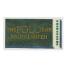 A rectangular embroidered patch featuring the text 'THE POLO GEAR RALPH LAUREN' in yellow on a dark green stitched background, with a blue and green striped border on the right side, shown on a plain white background.