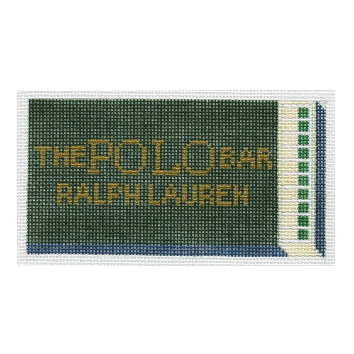 A rectangular embroidered patch featuring the text 'THE POLO GEAR RALPH LAUREN' in yellow on a dark green stitched background, with a blue and green striped border on the right side, shown on a plain white background.