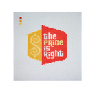 A square canvas print featuring a cross-stitch style design with the text 'the PRICE is RIGHT' in white on a red panel, alongside a yellow dollar-sign motif on a light gray fabric background.