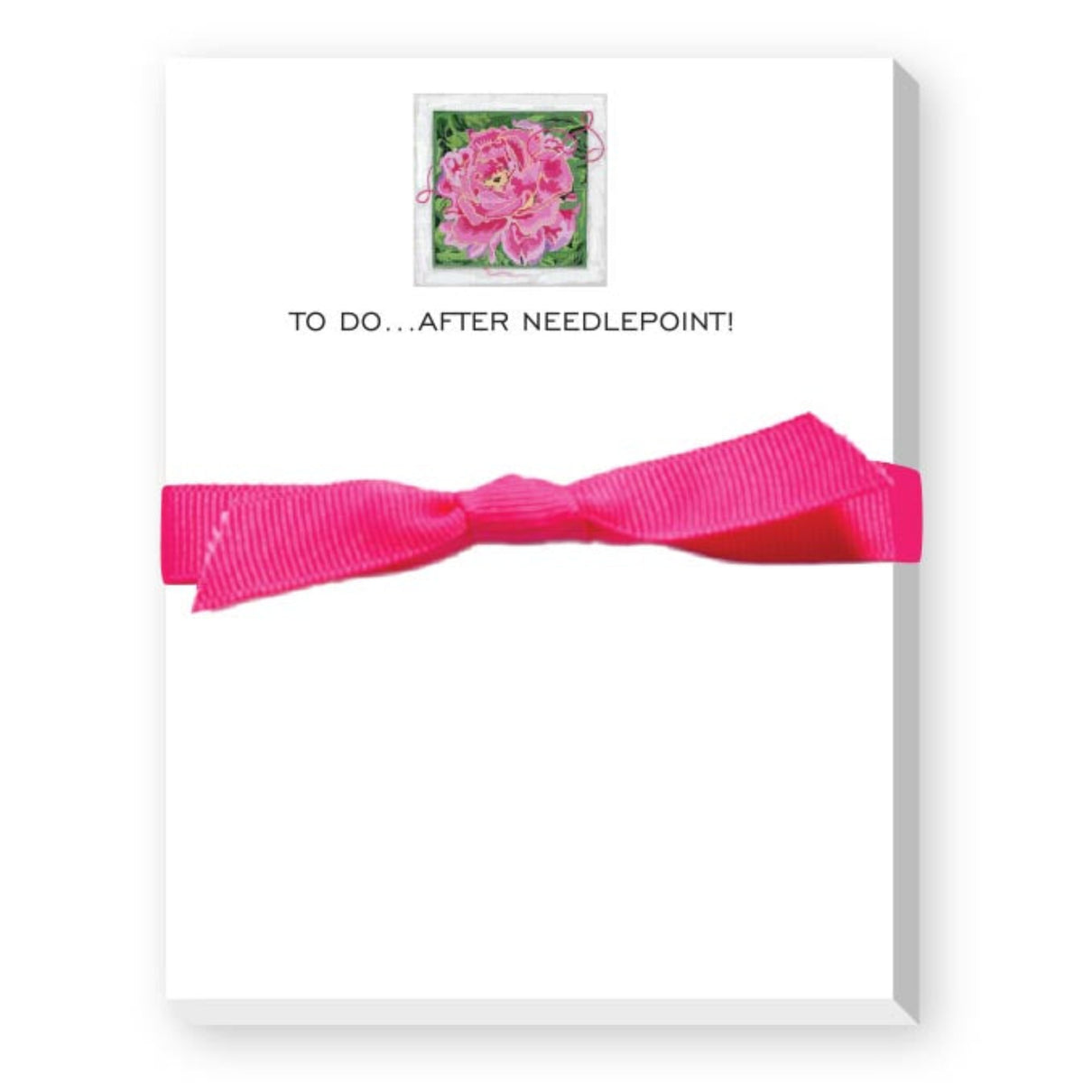 A white notepad or card with a bright pink ribbon tied around the middle and a small framed pink flower illustration near the top, with the text 'TO DO.