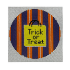 A circular Halloween-themed needlepoint canvas featuring orange and navy blue stripes with a yellow center containing the text 'Trick or Treat' in black.