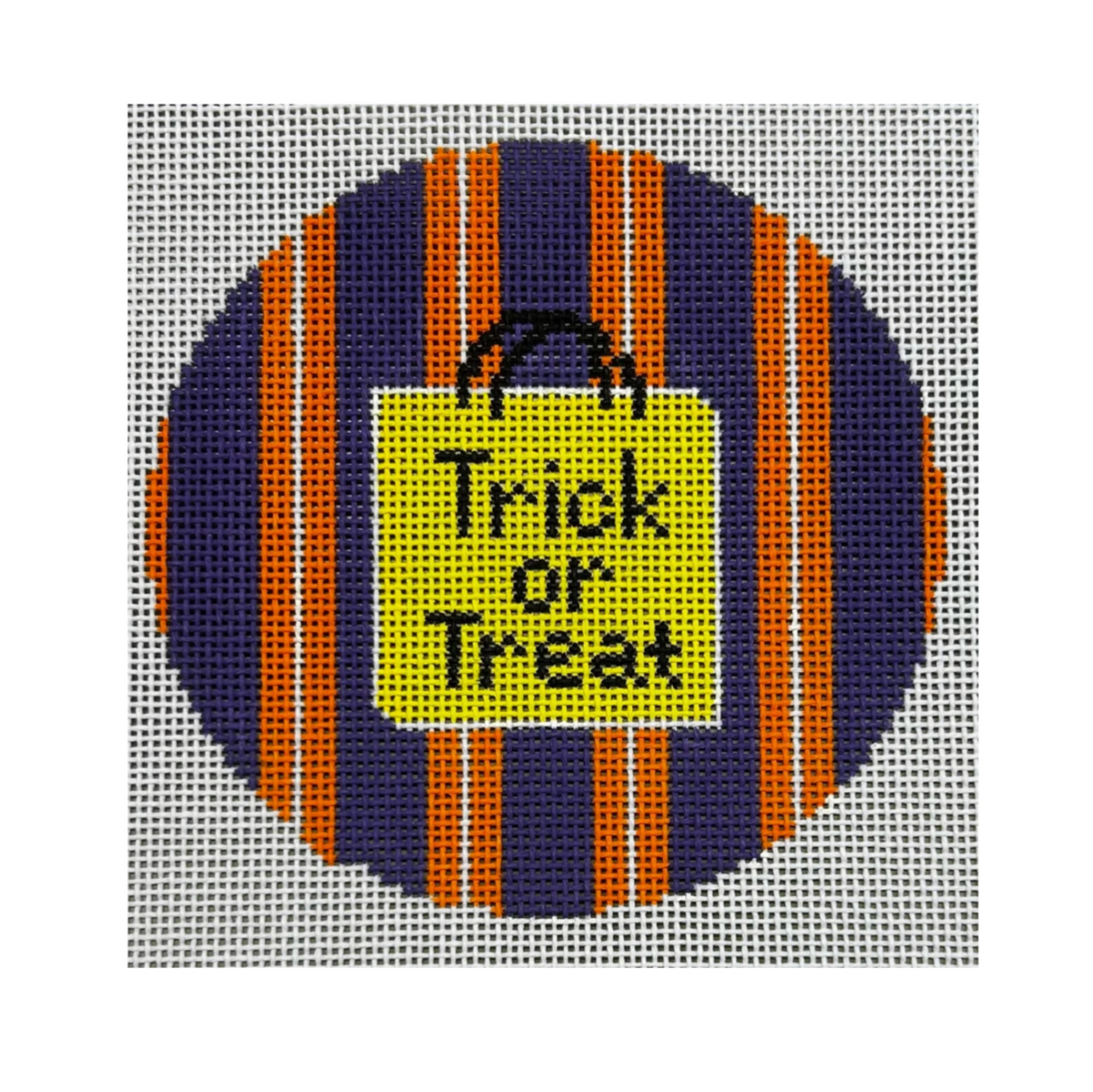 A circular Halloween-themed needlepoint canvas featuring orange and navy blue stripes with a yellow center containing the text 'Trick or Treat' in black.
