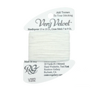 A spool of white embroidery thread wrapped on a white paper header card, with the brand name Very Velvet visible at the top.