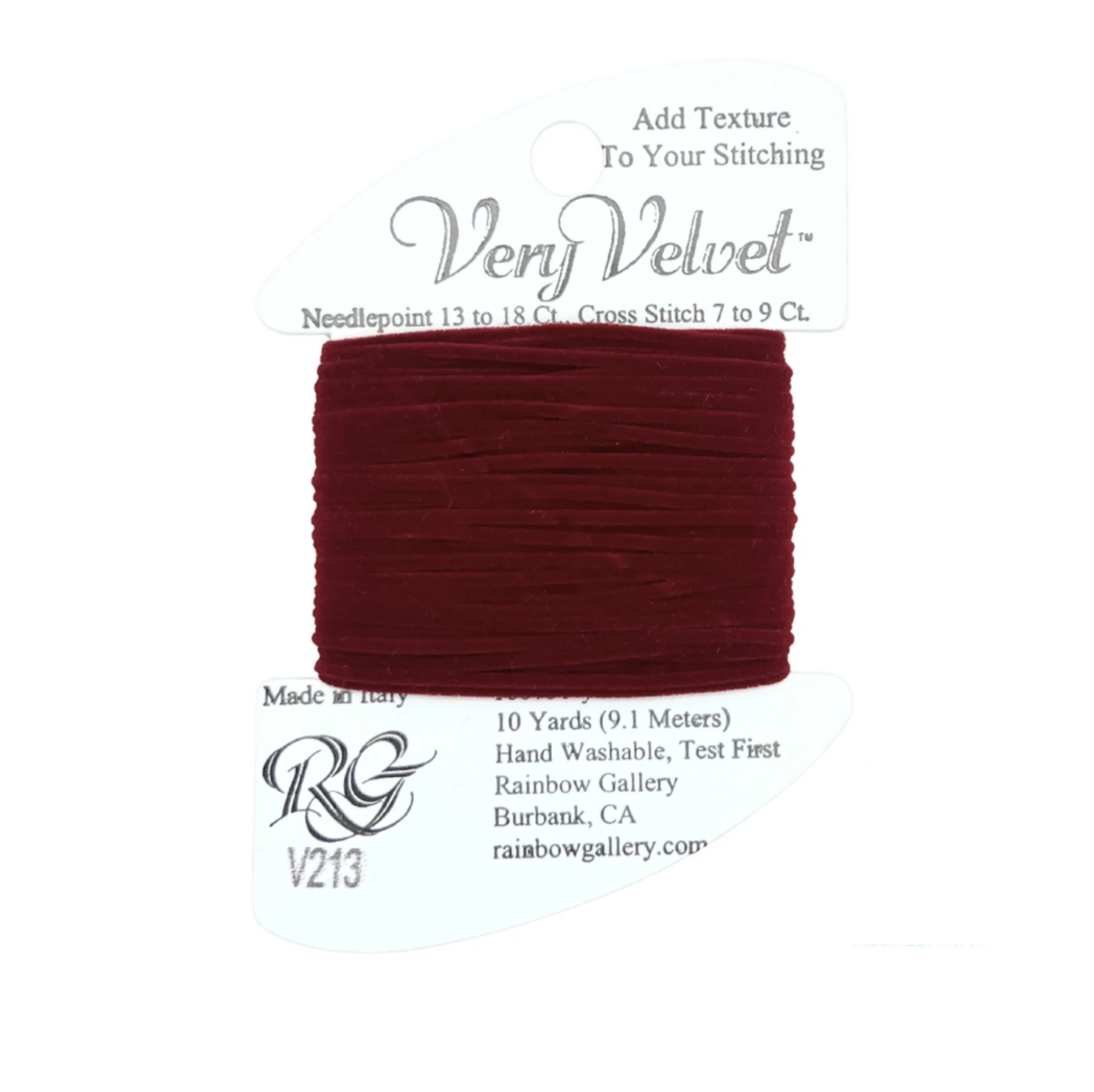 A spool of burgundy velvet needlepoint thread on a white backing card, with the brand name Very Velvet and product code V213 visible.