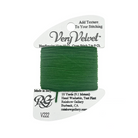 A spool of green velvet embroidery thread on a white cardboard hanger, with the brand name Very Velvet visible at the top.