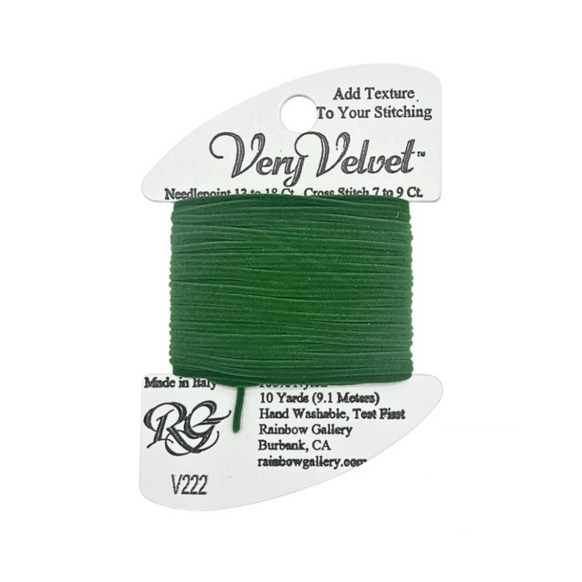 A spool of green velvet embroidery thread on a white cardboard hanger, with the brand name Very Velvet visible at the top.