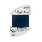 A spool of Very Velvet embroidery thread in a deep navy blue color, mounted on a white paper hanger card with product details printed on it.
