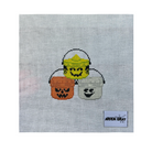 A needlepoint canvas featuring three Halloween buckets: a yellow bucket with a smiling face, an orange bucket with a pumpkin face, and a white bucket with a ghost face. The canvas has a visible 'ARDEN GRAY CO.