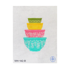 A needlepoint canvas featuring a stack of four patterned bowls in lime green, yellow, pink, and turquoise on a white mesh background, with the code WN-142 in the bottom left corner.
