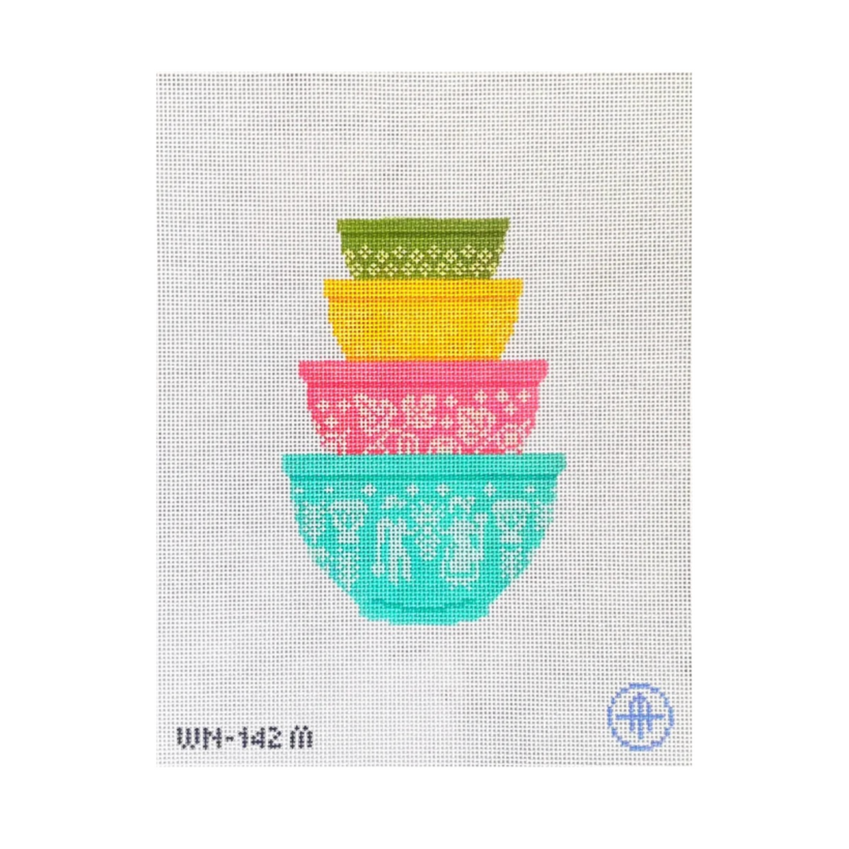 A needlepoint canvas featuring a stack of four patterned bowls in lime green, yellow, pink, and turquoise on a white mesh background, with the code WN-142 in the bottom left corner.